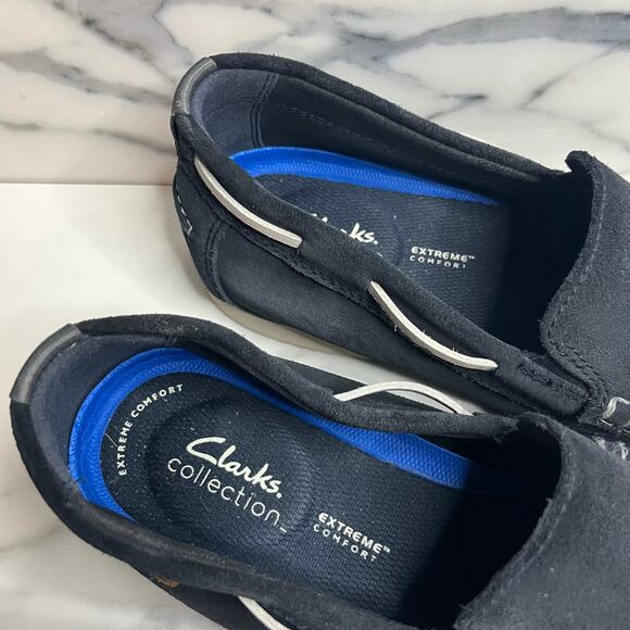 Clarks Noonan Cushioned Moccasins Loafers Slip-On Navy Suede Comfort Shoes 12 M - Picture 2 of 7